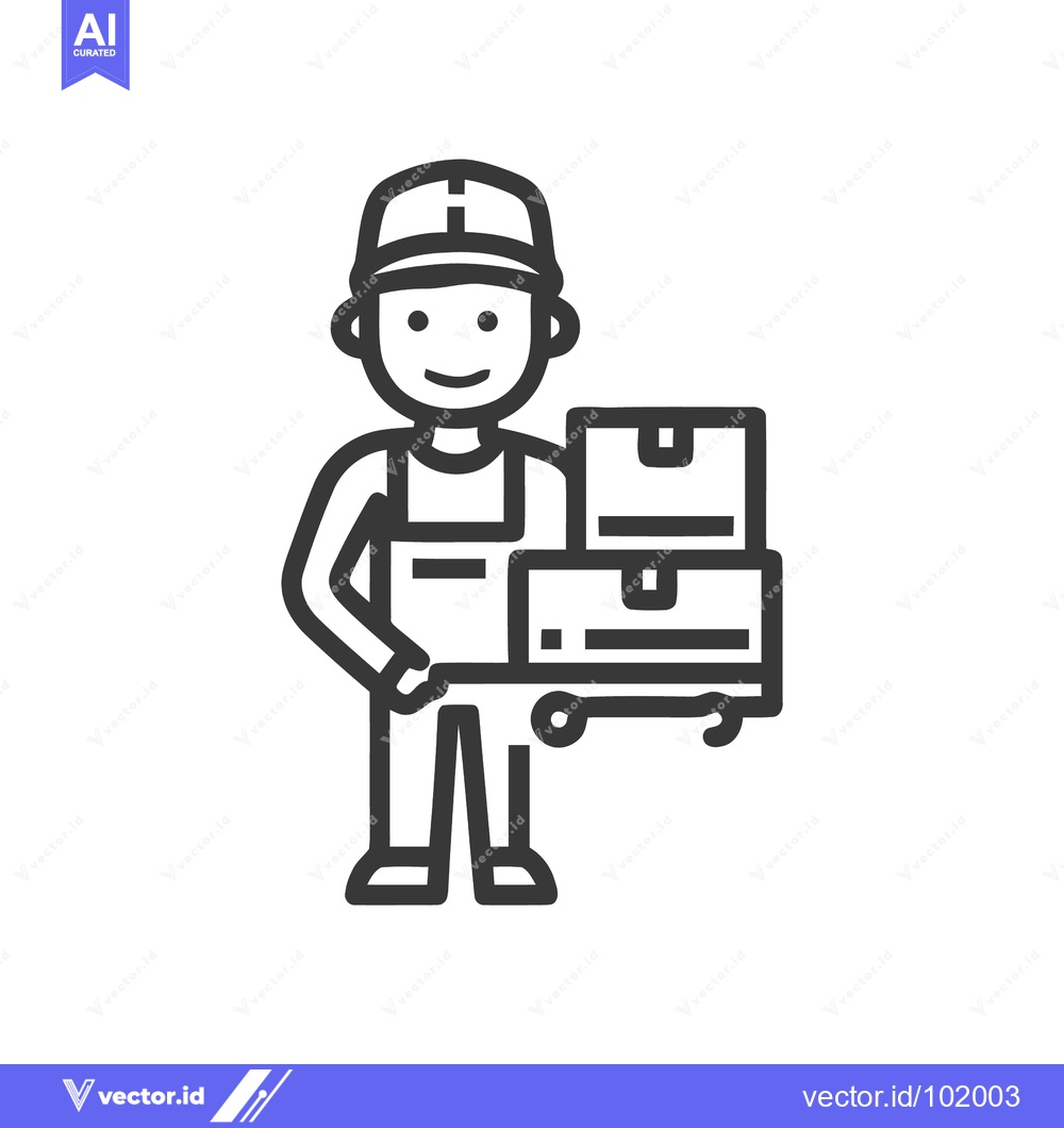 Premium Vector of Smiling Delivery Man with Stacked Parcels on a Hand Truck Line Art Ico