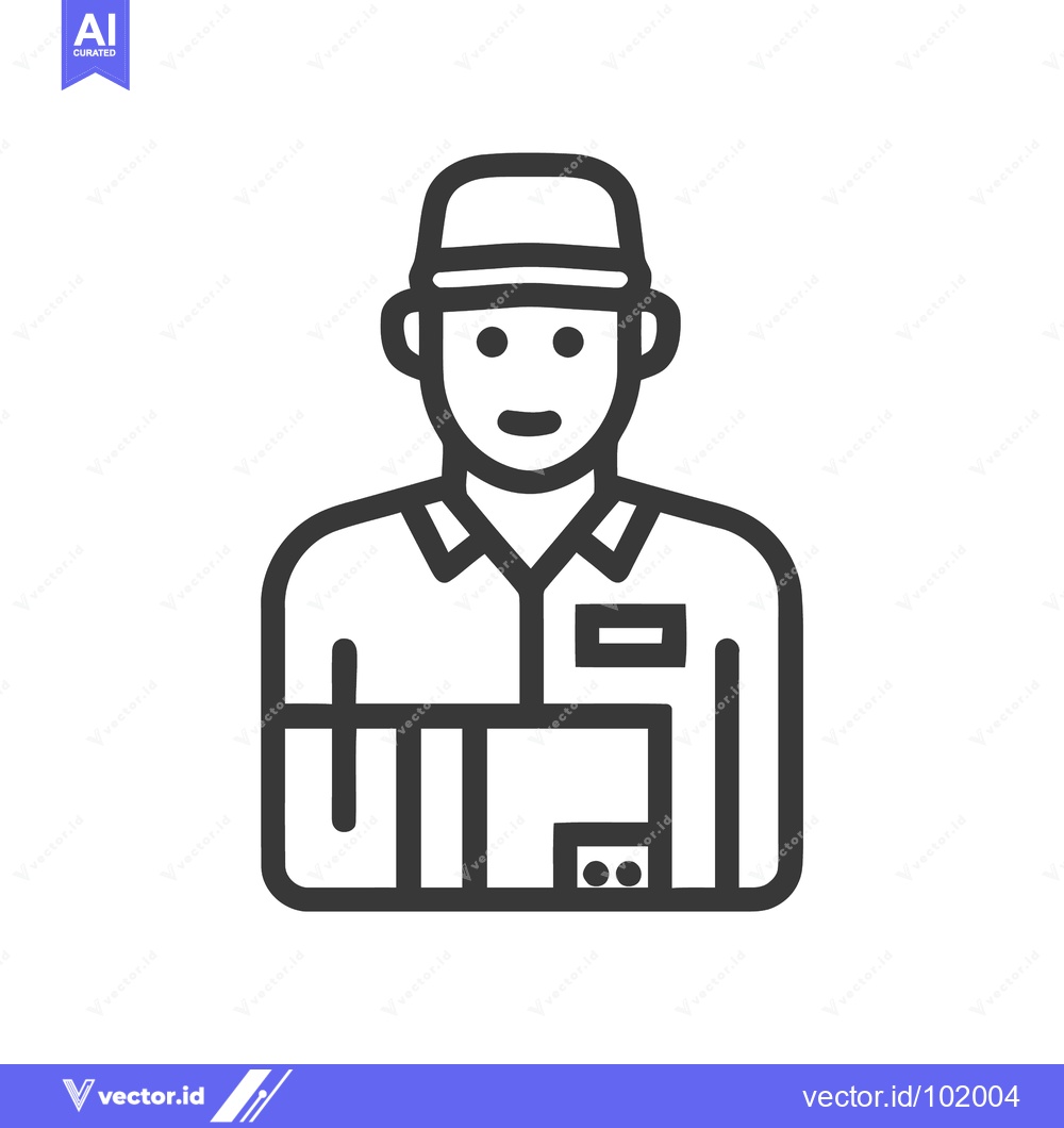 Premium Vector of Friendly Courier in Uniform Holding a Parcel, Minimalist Line Art Icon