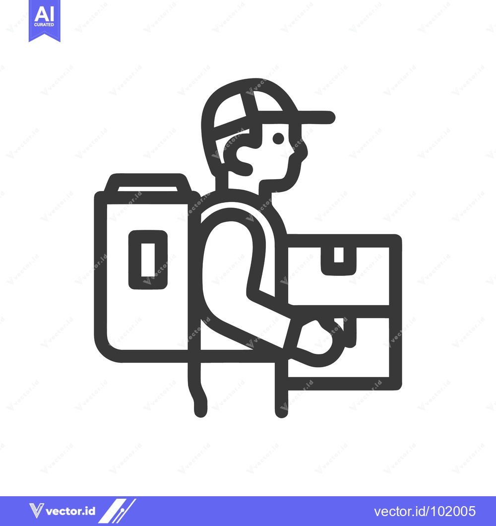 Premium Vector dari Modern line icon of a courier with a delivery backpack and parcel