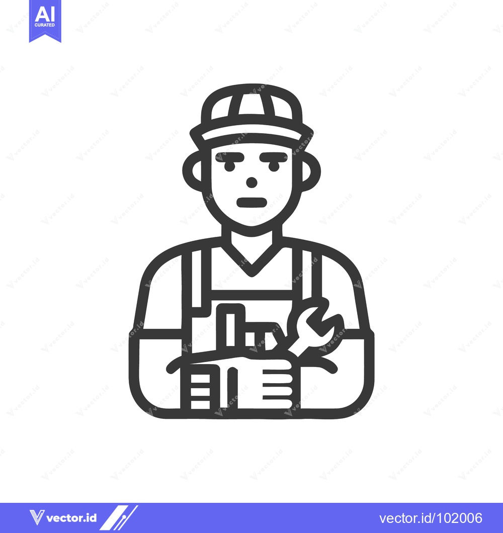 Premium Vector of Confident Repairman with Crossed Arms and Wrench, Minimalist Line Art