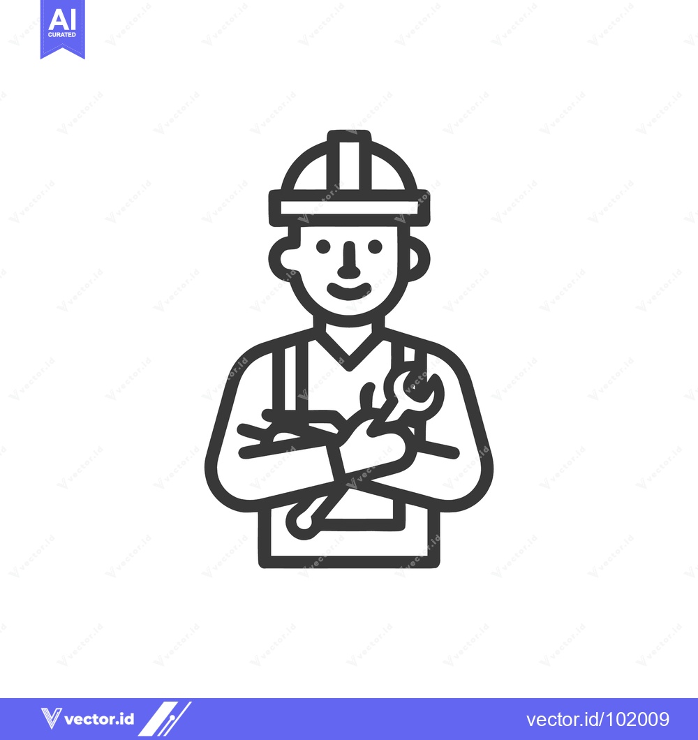 Premium Vector of Confident Repairman with Wrench and Hard Hat Line Art