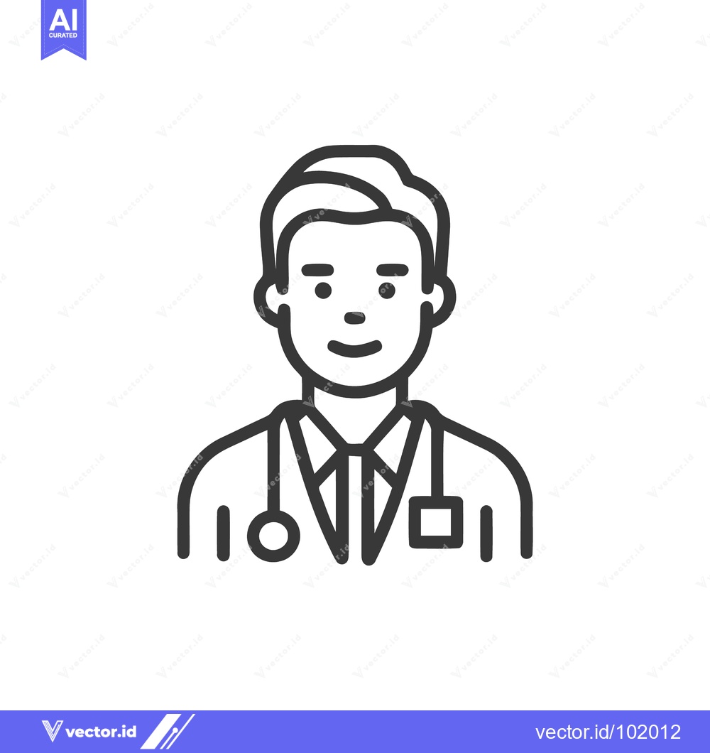 Premium Vector of Friendly Male Doctor Line Art Icon with Stethoscope and Badge