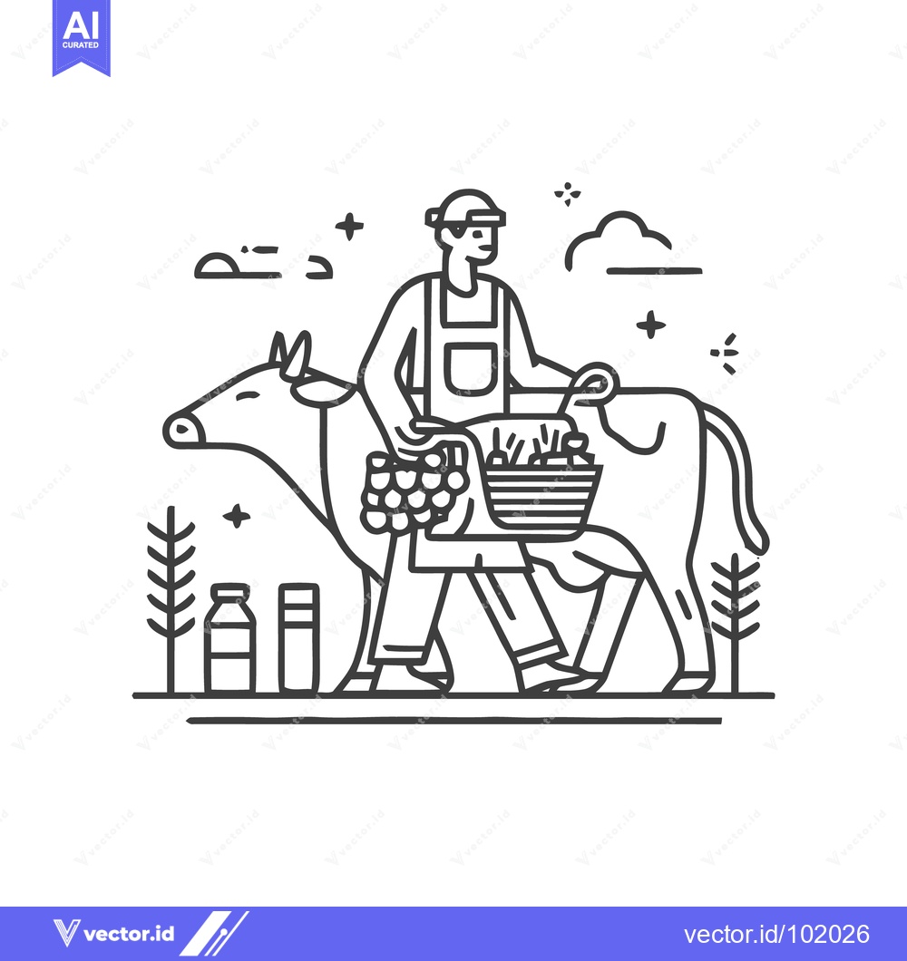 Premium Vector of Modern Line Art of a Farmer Walking with a Cow and Harvest Baskets