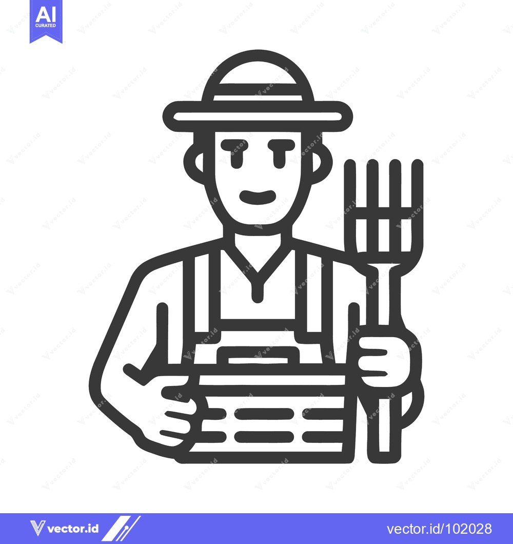 Premium Vector of Smiling Farmer with Hat, Pitchfork, and Harvest Crate Icon