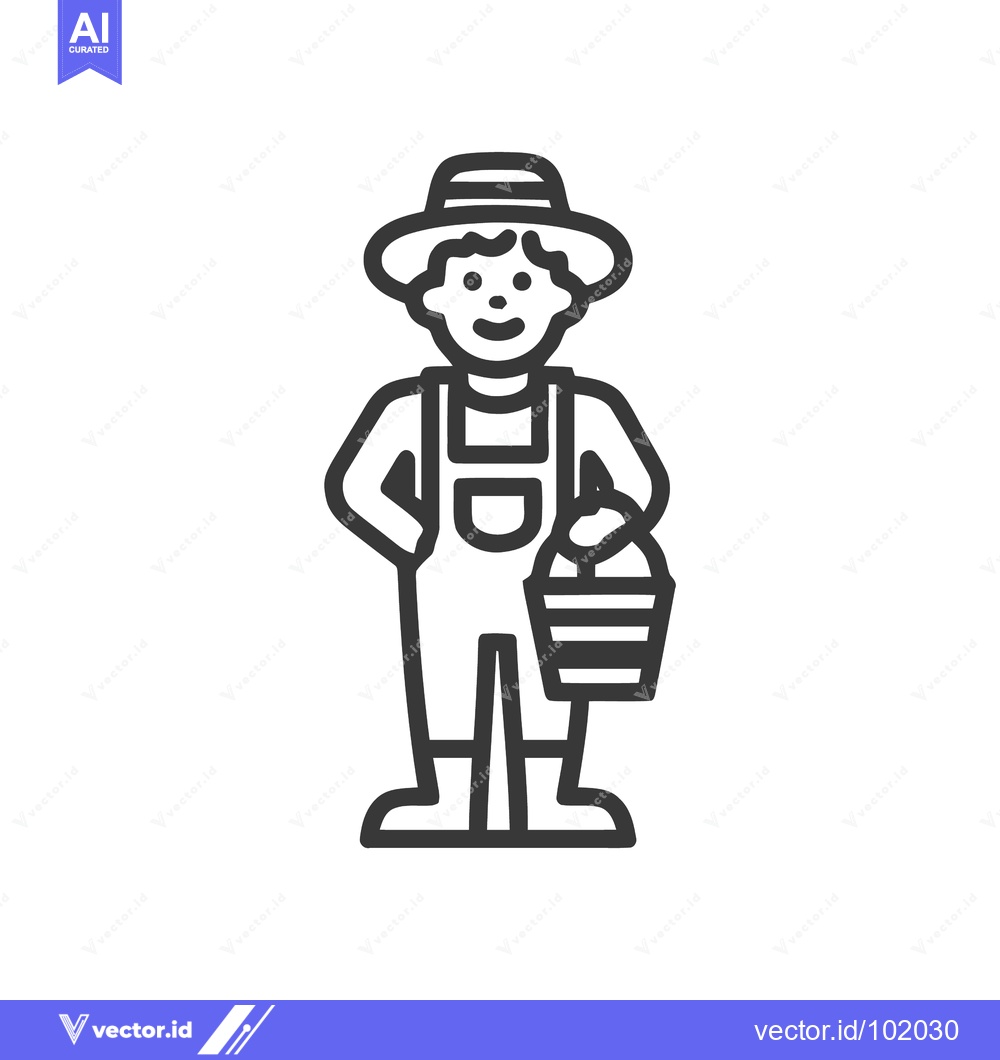 Premium Vector dari Friendly Farmer in Overalls Holding Harvest Basket Line Icon