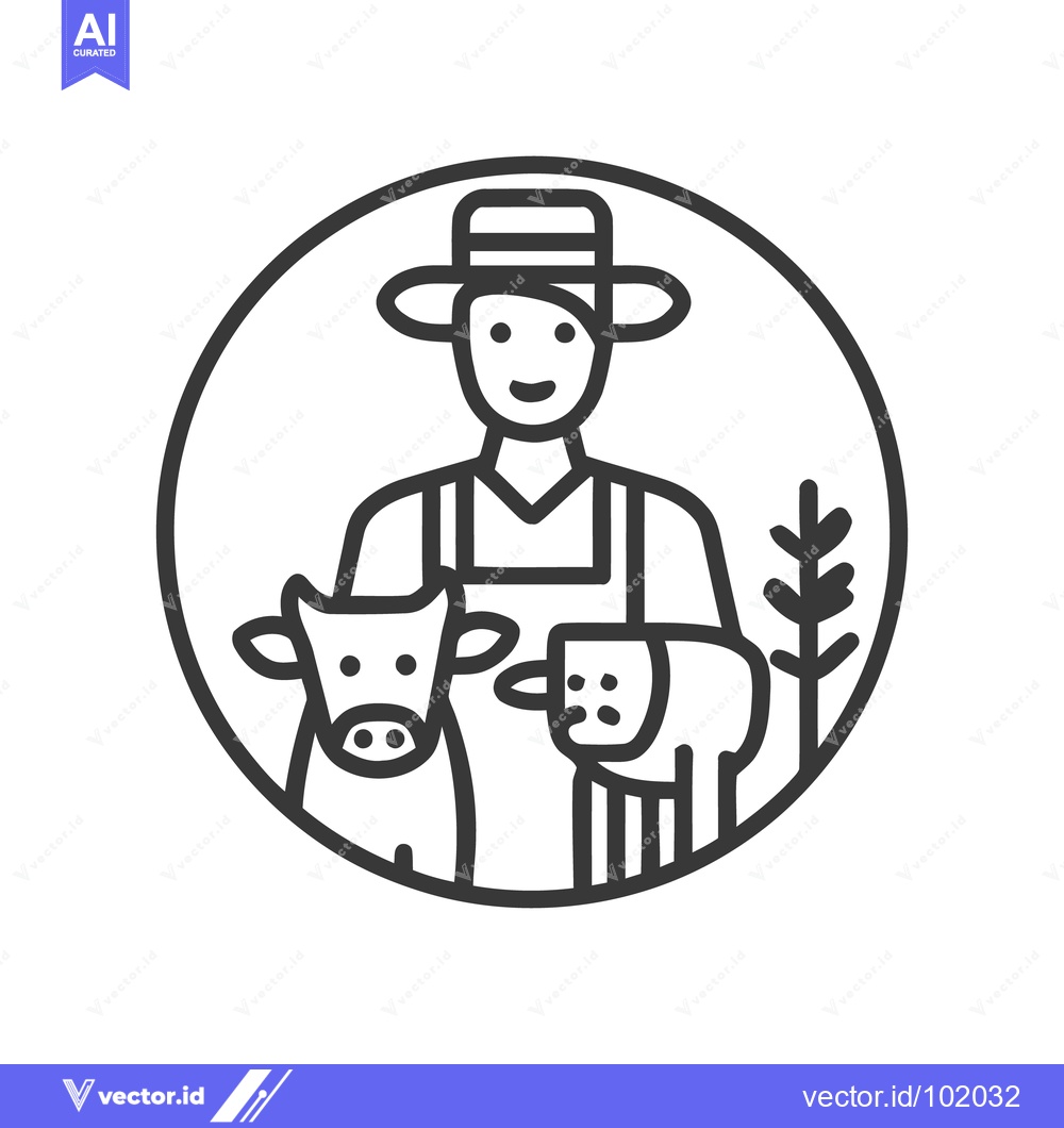 Premium Vector dari Friendly Farmer with Cow and Sheep in a Minimalist Circular Line Art I