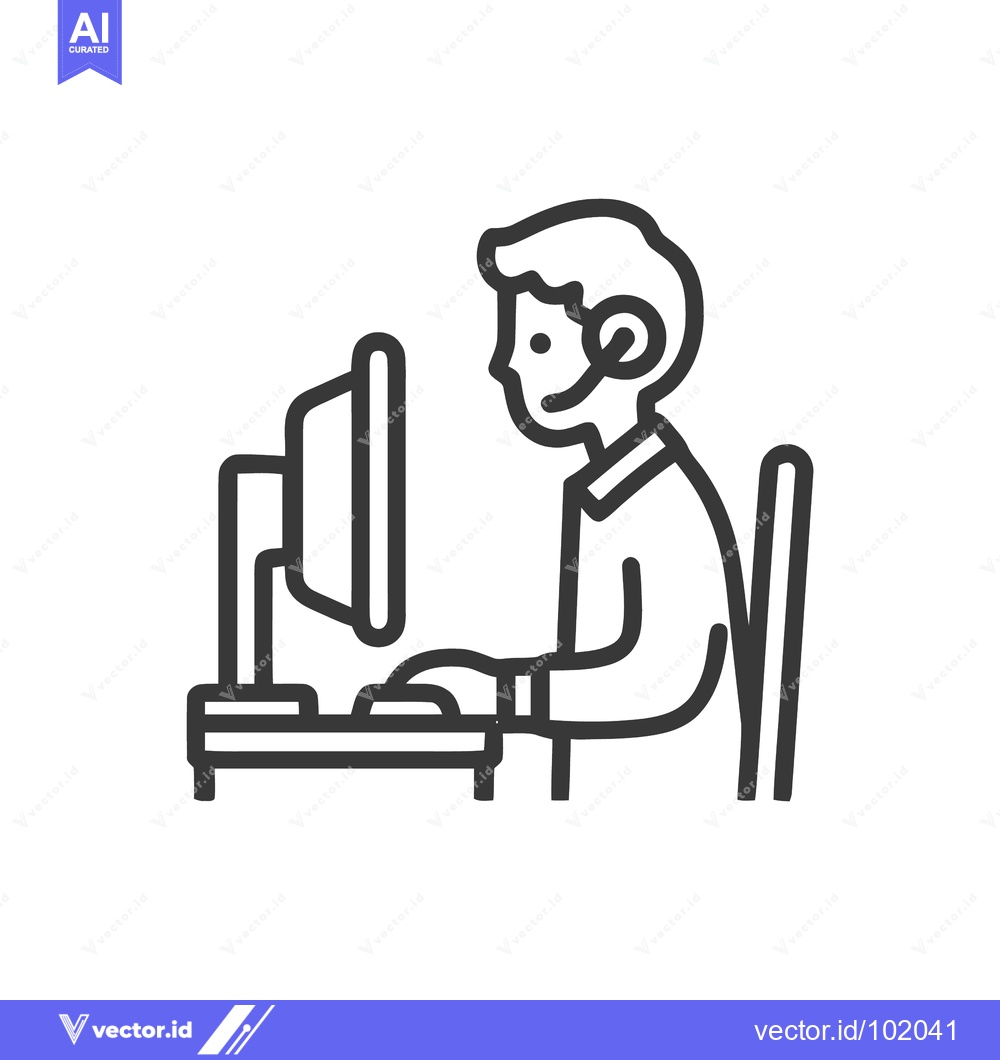 Premium Vector dari Focused Operator with Headset at Computer Workstation, Clean Line Icon
