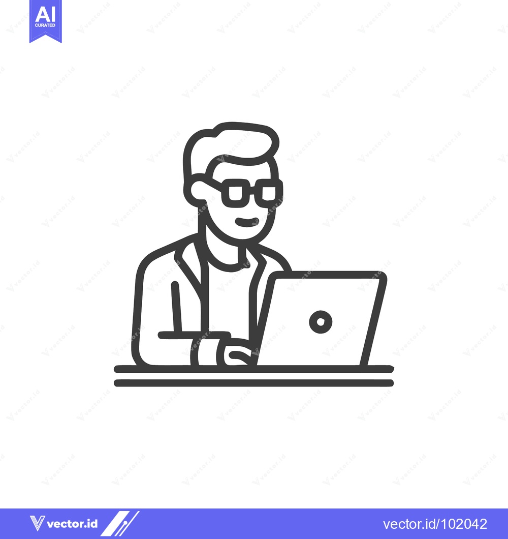 Premium Vector dari Focused Male Character with Glasses Working on Computer, Line Art Icon