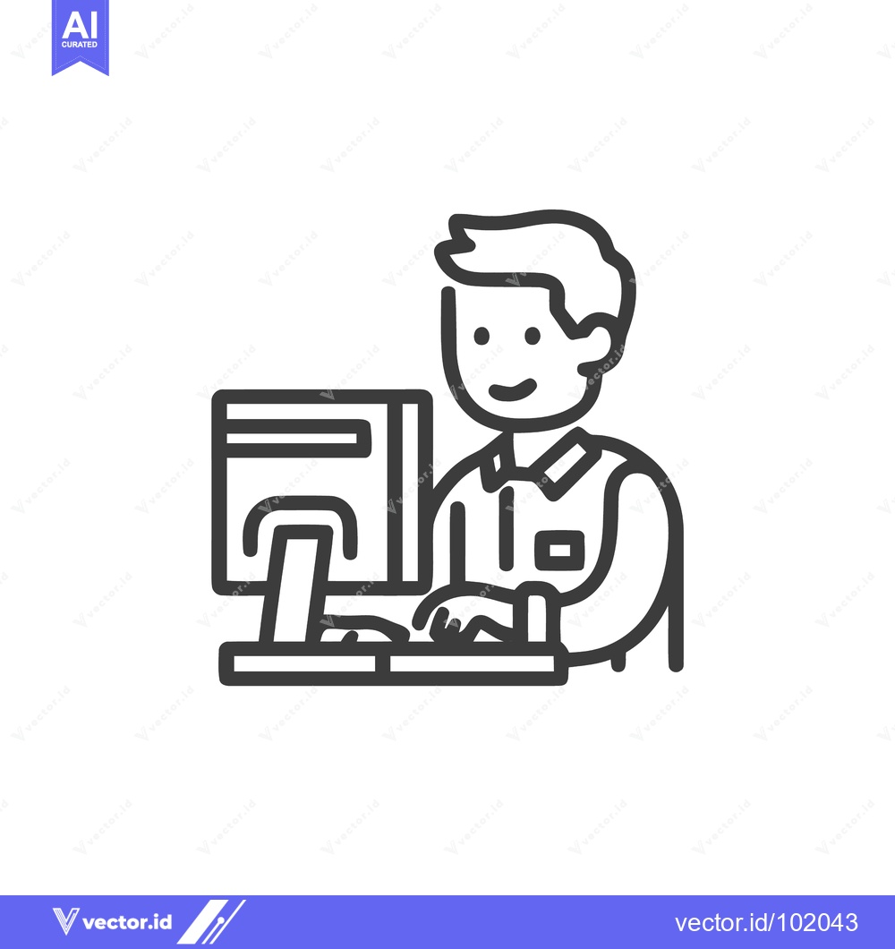 Premium Vector of Smiling Employee at Computer Desk, Minimalist Outline Vector Icon for