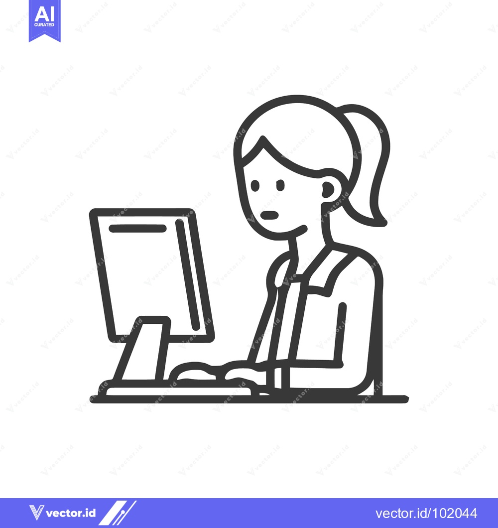 Premium Vector of Minimalist line icon of a woman with a ponytail working on a desktop c