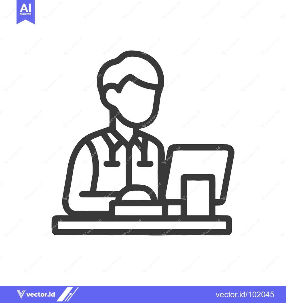 Premium Vector of Doctor with stethoscope at a computer desk, a minimalist line art icon
