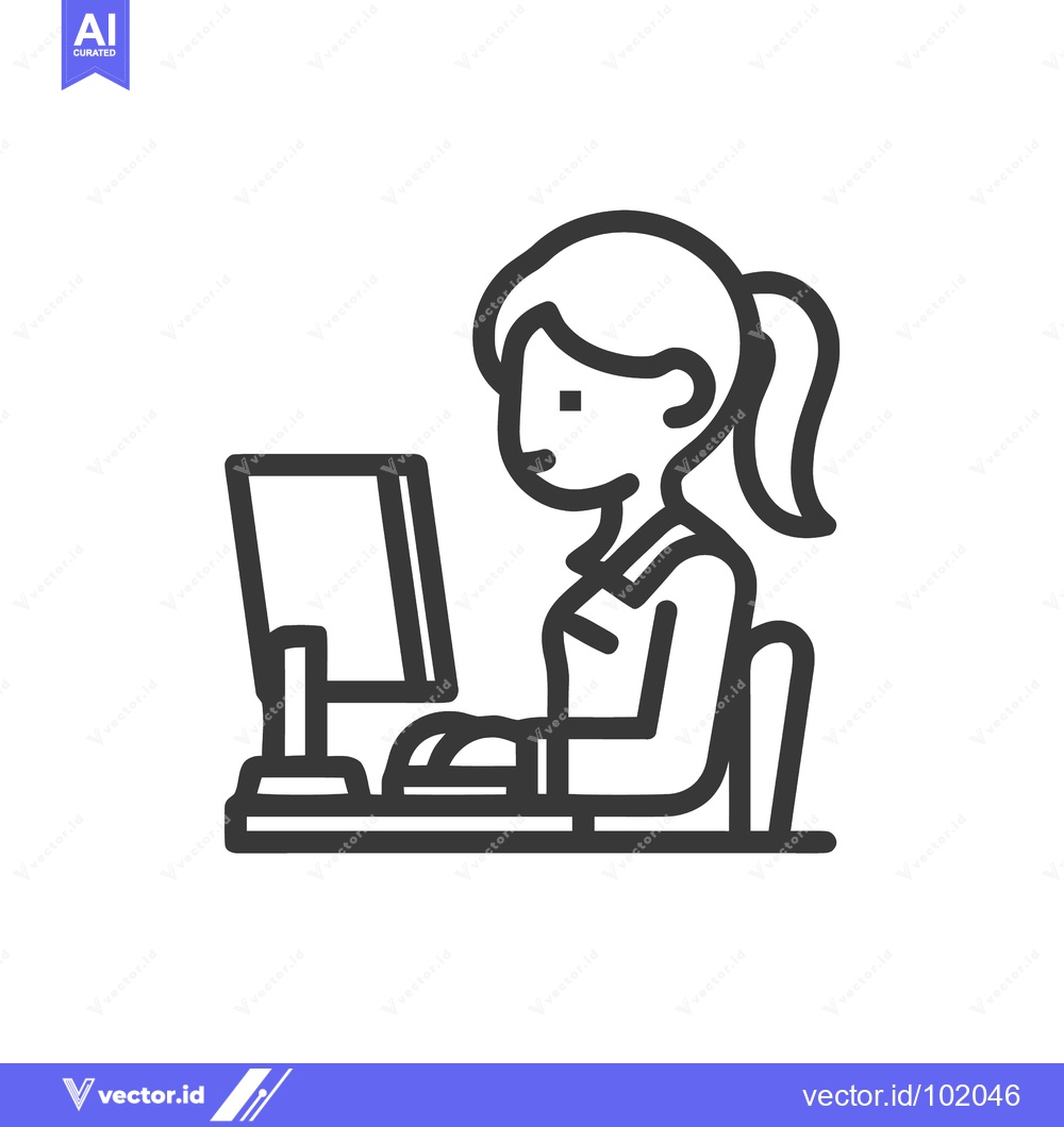 Premium Vector of Focused Woman at Desk with Computer, Clean Vector Line Art Illustratio