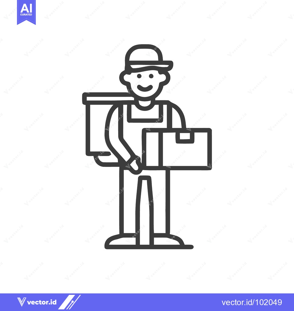 Premium Vector dari Minimalist Line Icon of a Smiling Courier with Delivery Bag and Packag