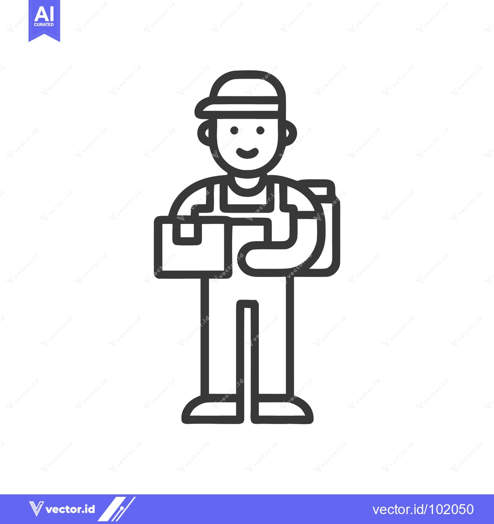 Premium Vector of Friendly Courier in Overalls Holding a Parcel, Minimalist Black Line A
