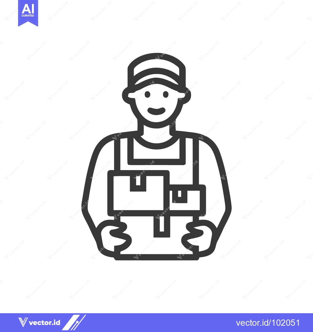Premium Vector of Minimalist Line Icon of a Smiling Courier Holding Two Cardboard Parcel