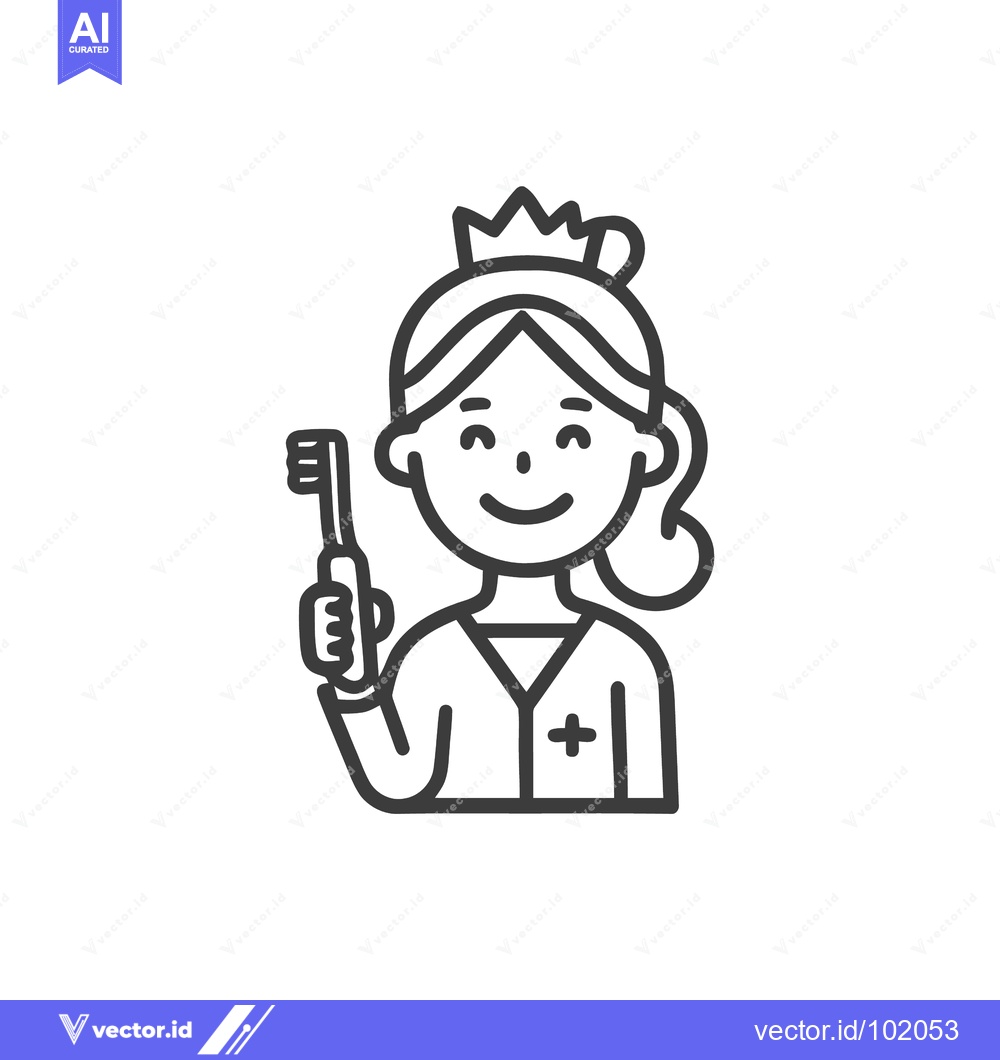 Premium Vector of Friendly Female Dentist with Crown Holding Toothbrush Line Art
