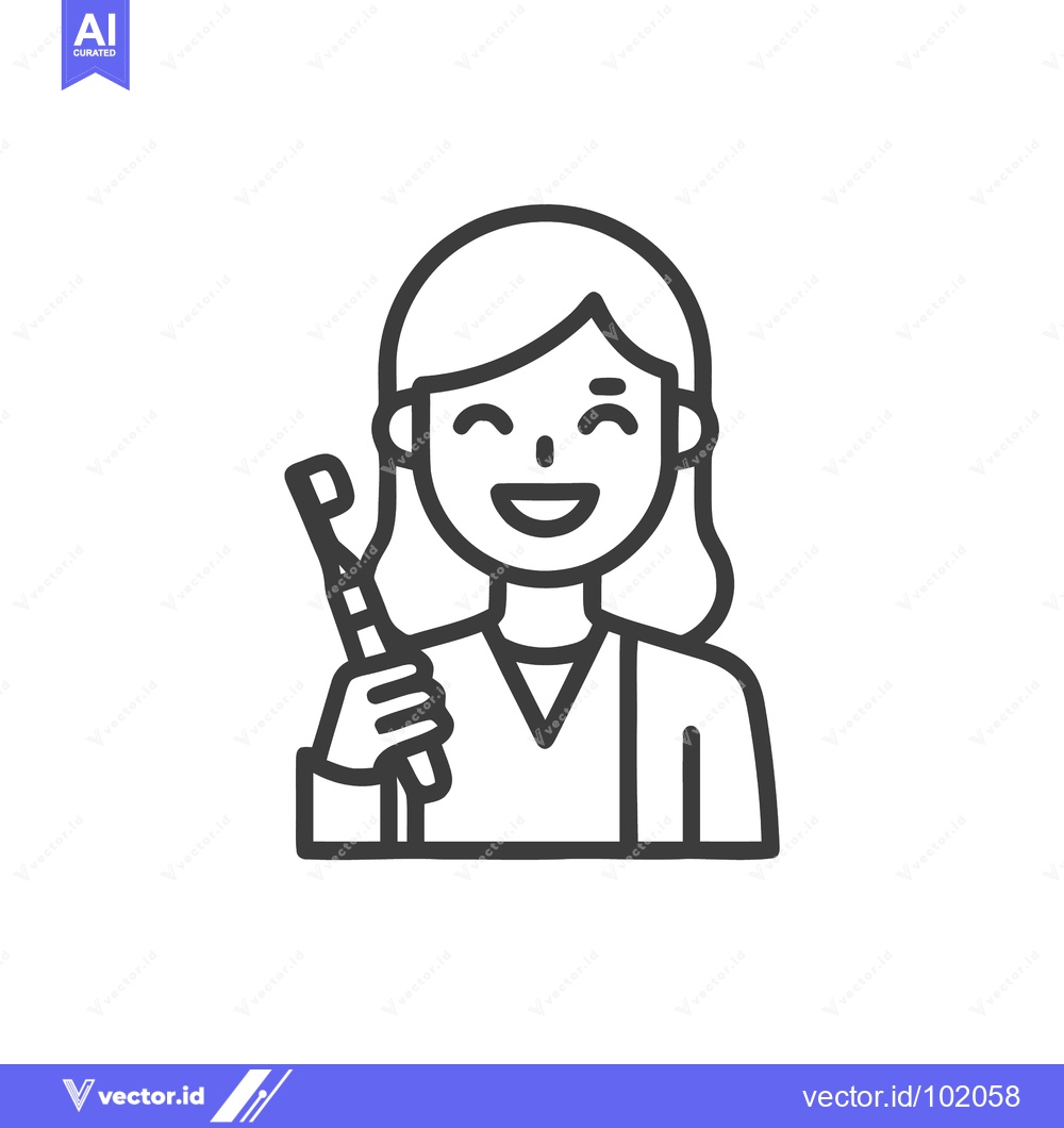 Premium Vector of Smiling Woman Holding Toothbrush Line Art Icon for Dental Hygiene and
