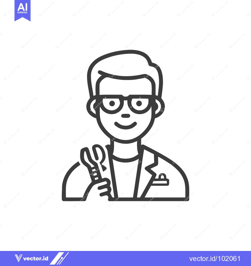Premium Vector of Smiling Technician with Wrench Icon - Professional Engineer Line Art A