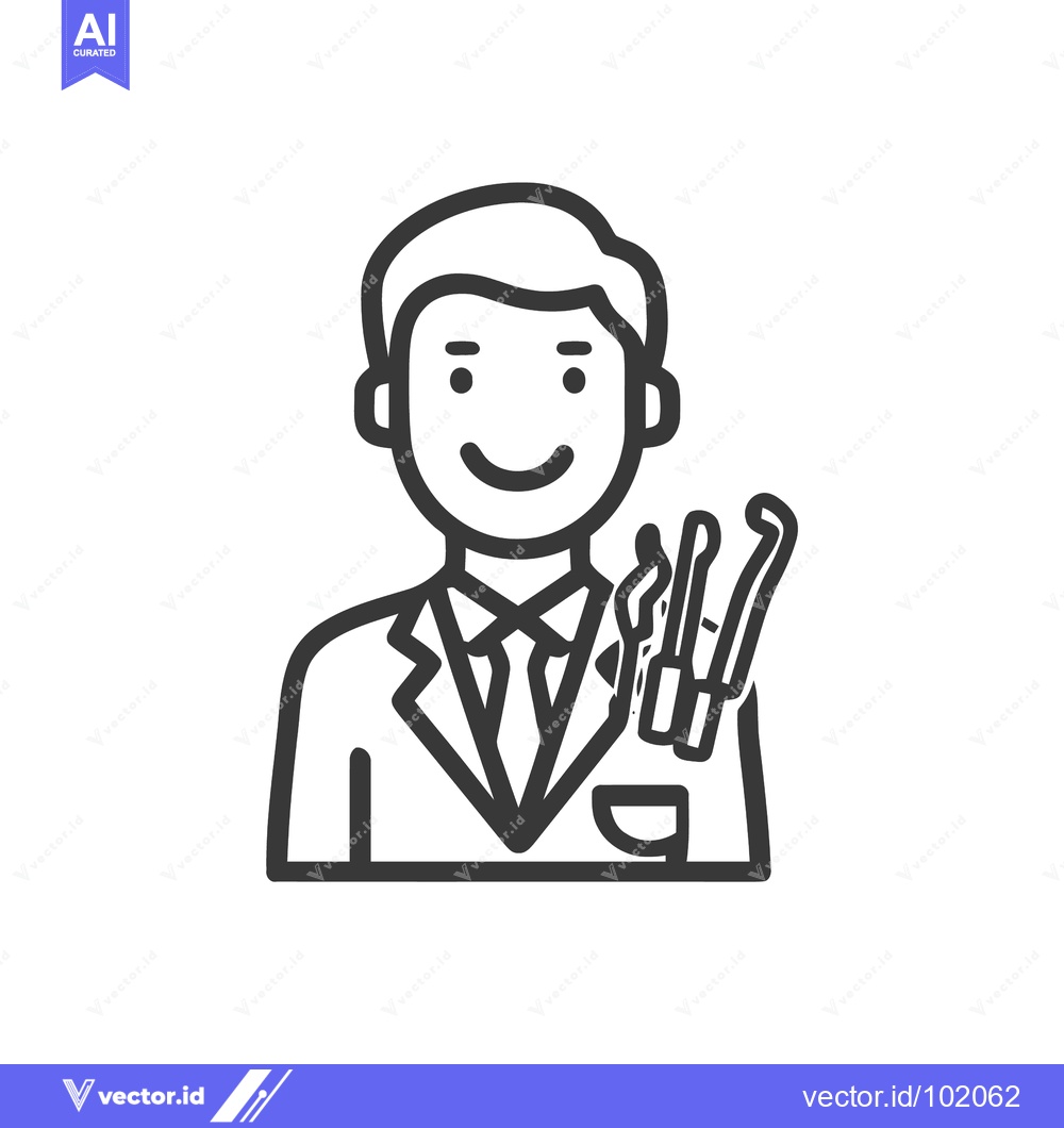 Premium Vector of Friendly Dentist Character Line Art Icon with Smile and Dental Tools