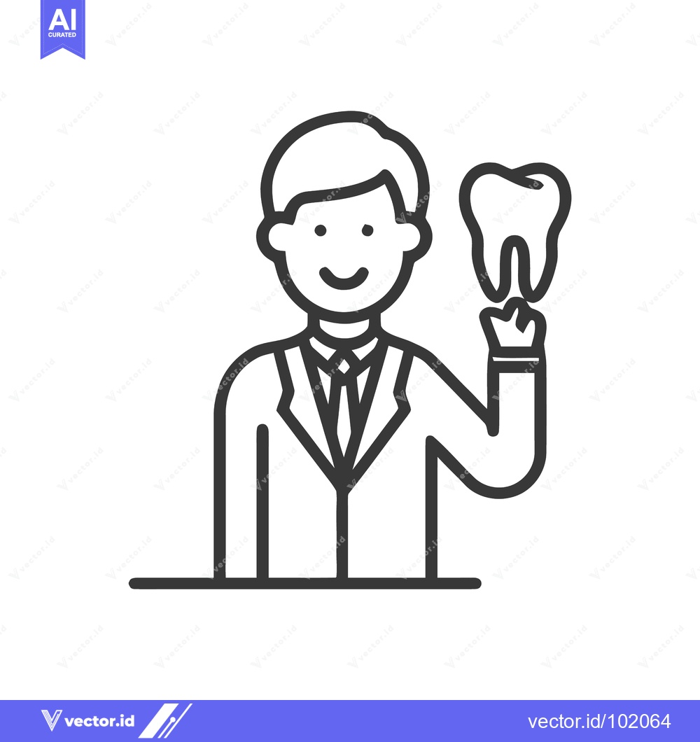 Premium Vector dari Smiling Male Dentist Holding Tooth Icon in Clean Line Art Style