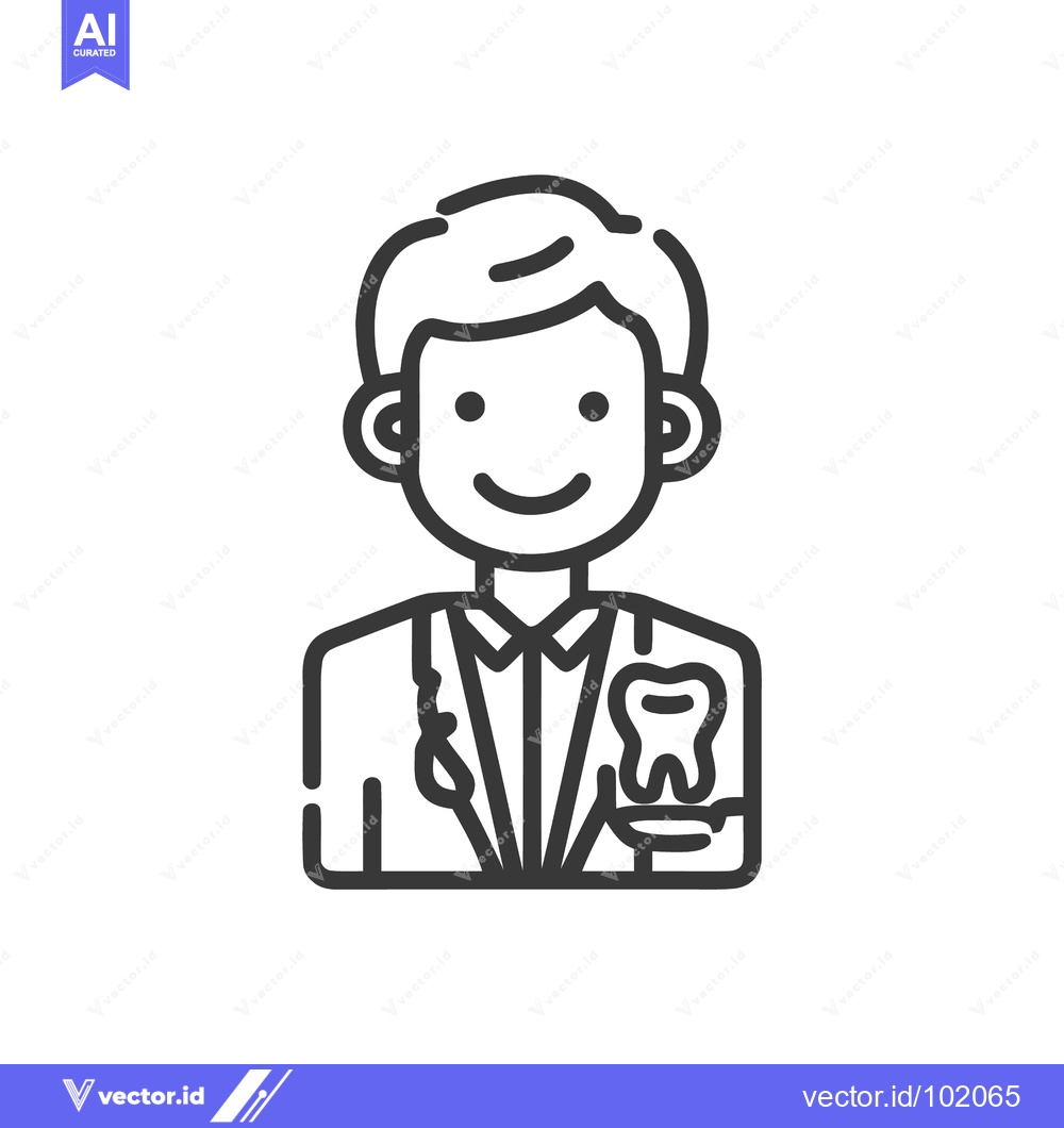 Premium Vector of Smiling Male Dentist Line Art Icon Holding Tooth, Healthcare Professio