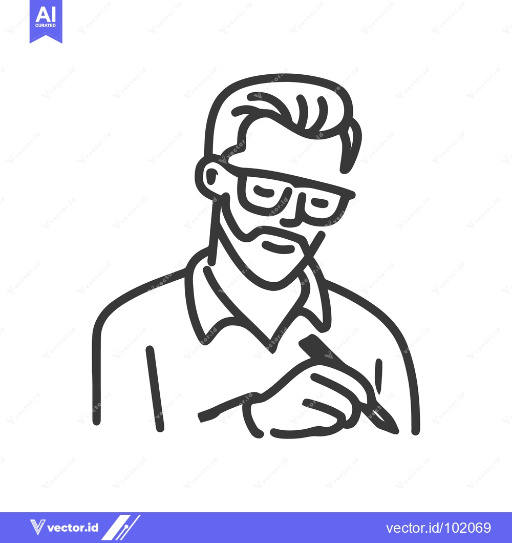 Premium Vector of Stylized Line Art Icon of a Focused Bearded Man in Glasses Writing or