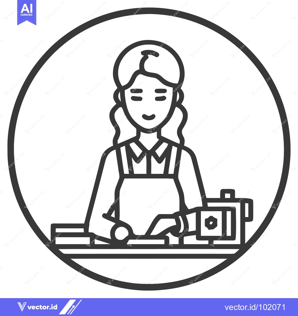 Premium Vector of Smiling Woman Sewing with Machine, Minimalist Line Art Icon in Circle