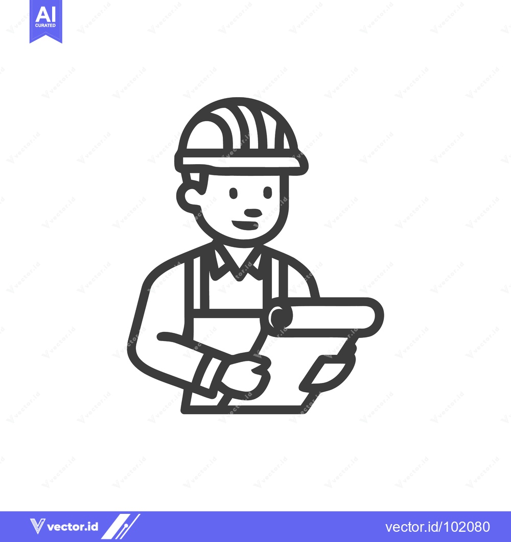 Premium Vector dari Minimalist Line Art Icon of Smiling Engineer with Hard Hat and Bluepri
