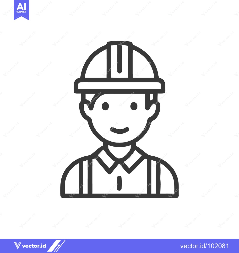 Premium Vector of Minimalist Line Art Icon of a Smiling Man in a Hard Hat, Representing
