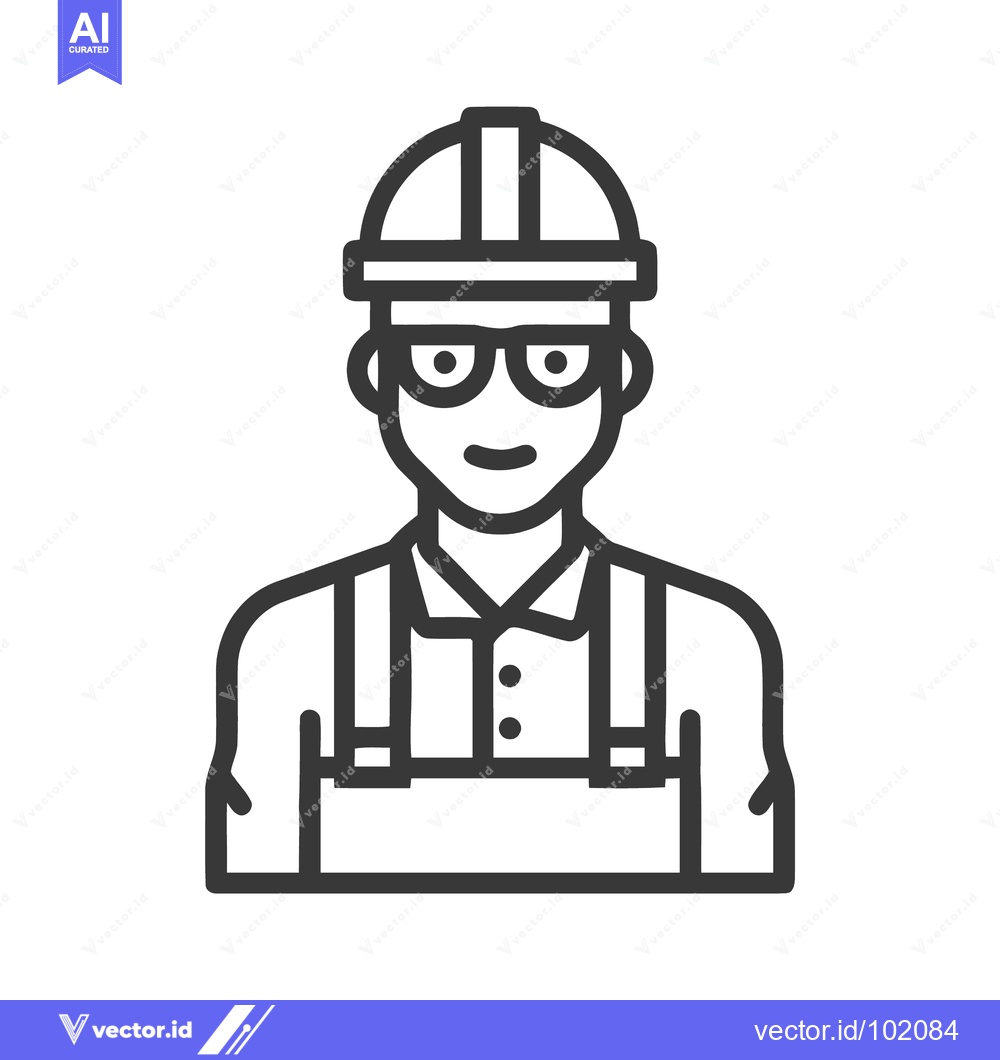 Premium Vector dari Friendly Builder in Hard Hat and Goggles, Minimalist Line Art Icon