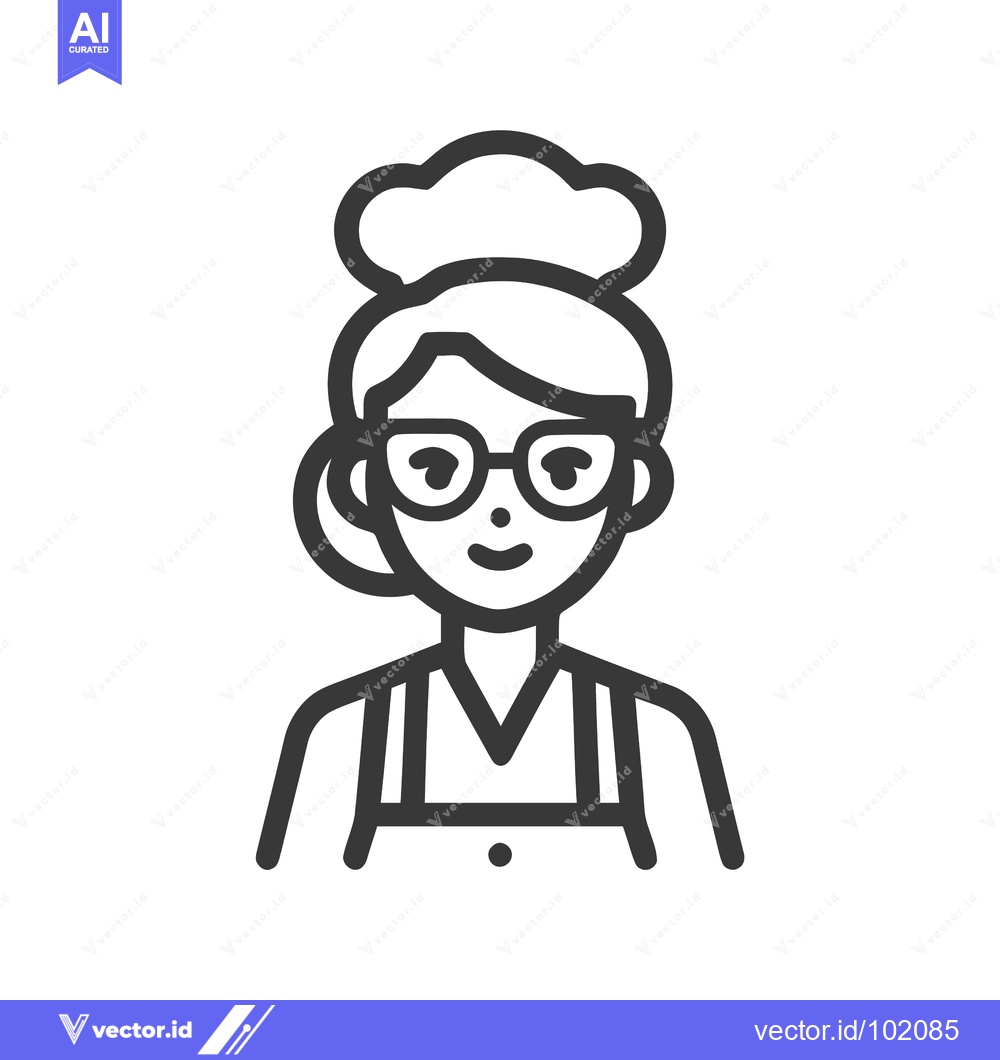Premium Vector dari Friendly Female Chef Icon with Glasses and Hat, Minimalist Line Art