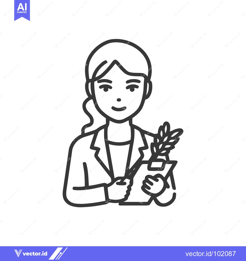 Premium Vector dari Smiling Female Agronomist Line Art Icon Holding Clipboard with Plant,