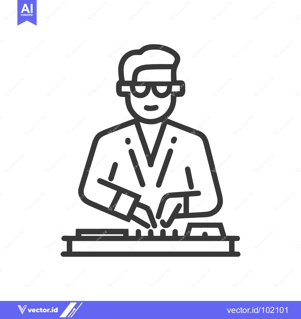 Premium Vector dari Modern Line Art Icon of a DJ with Glasses at a Mixing Console