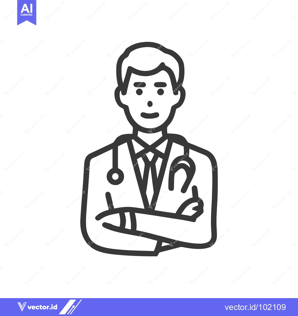 Premium Vector of Confident Male Doctor with Crossed Arms, Minimalist Line Art Icon