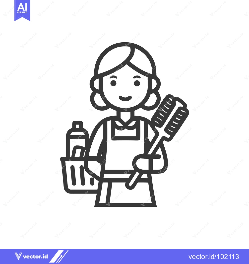 Premium Vector dari Friendly Housekeeper with Brush and Supplies, Minimalist Line Art Icon