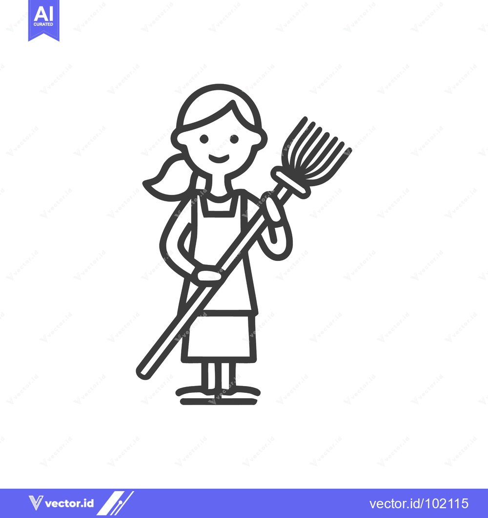 Premium Vector of Friendly Cleaner Woman with Broom, Minimalist Black Line Art Icon