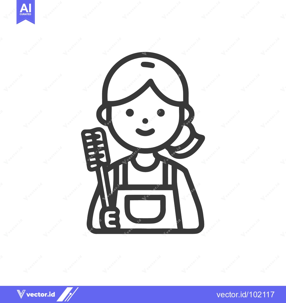 Premium Vector of Friendly Cleaner Character with Apron and Brush Minimalist Line Icon