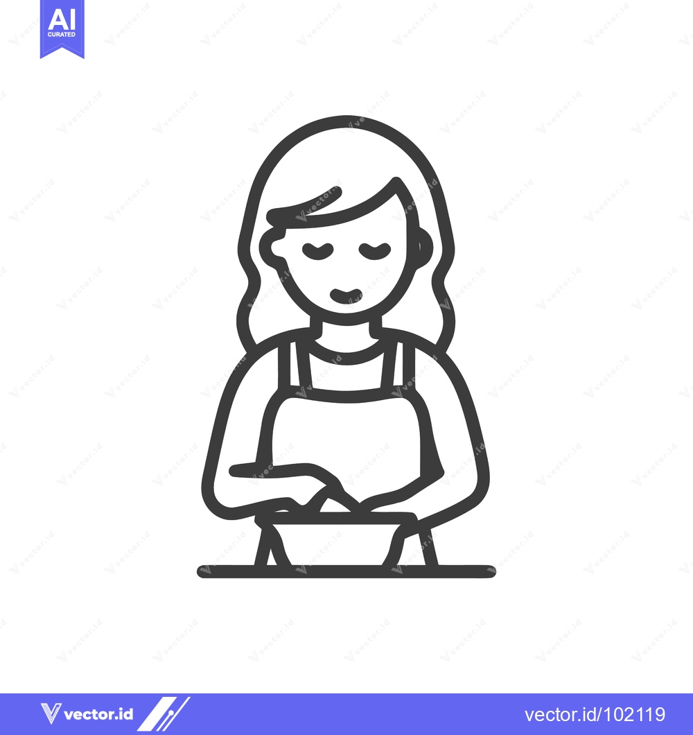 Premium Vector dari Joyful Home Cooking: Woman in Apron Mixing, Minimalist Line Icon