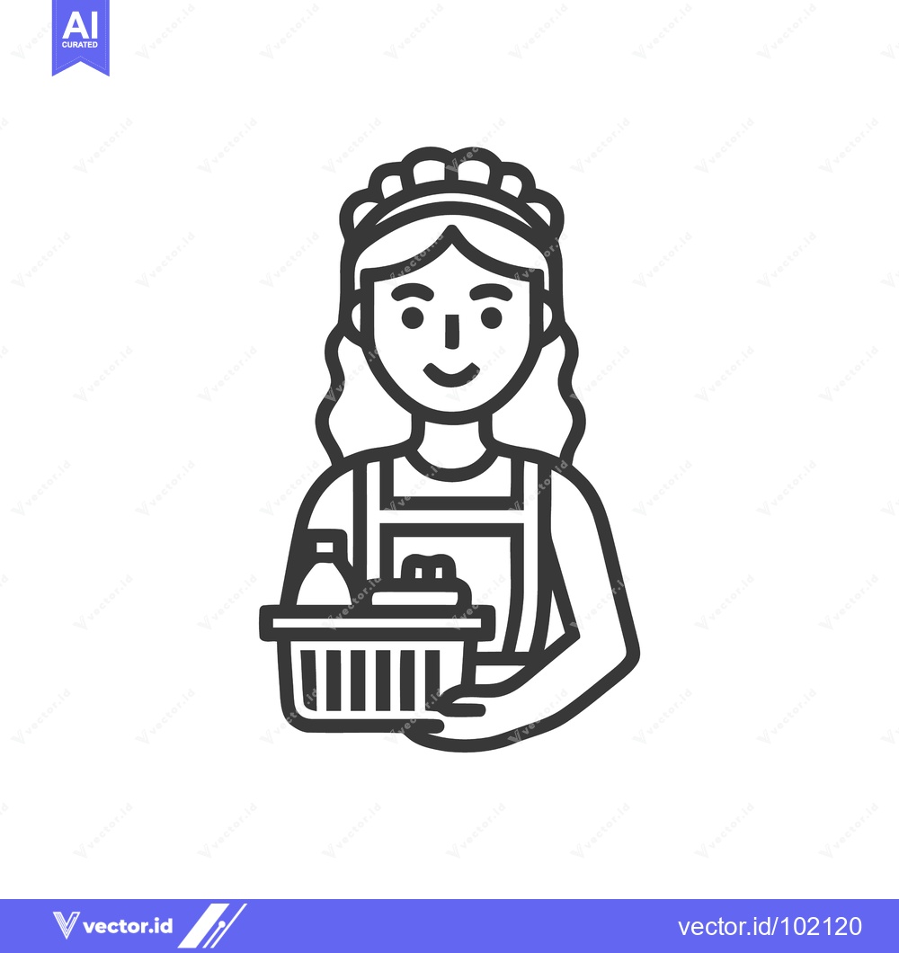 Premium Vector of Cheerful Housekeeper with Cleaning Supplies Basket, Line Art Vector Ic