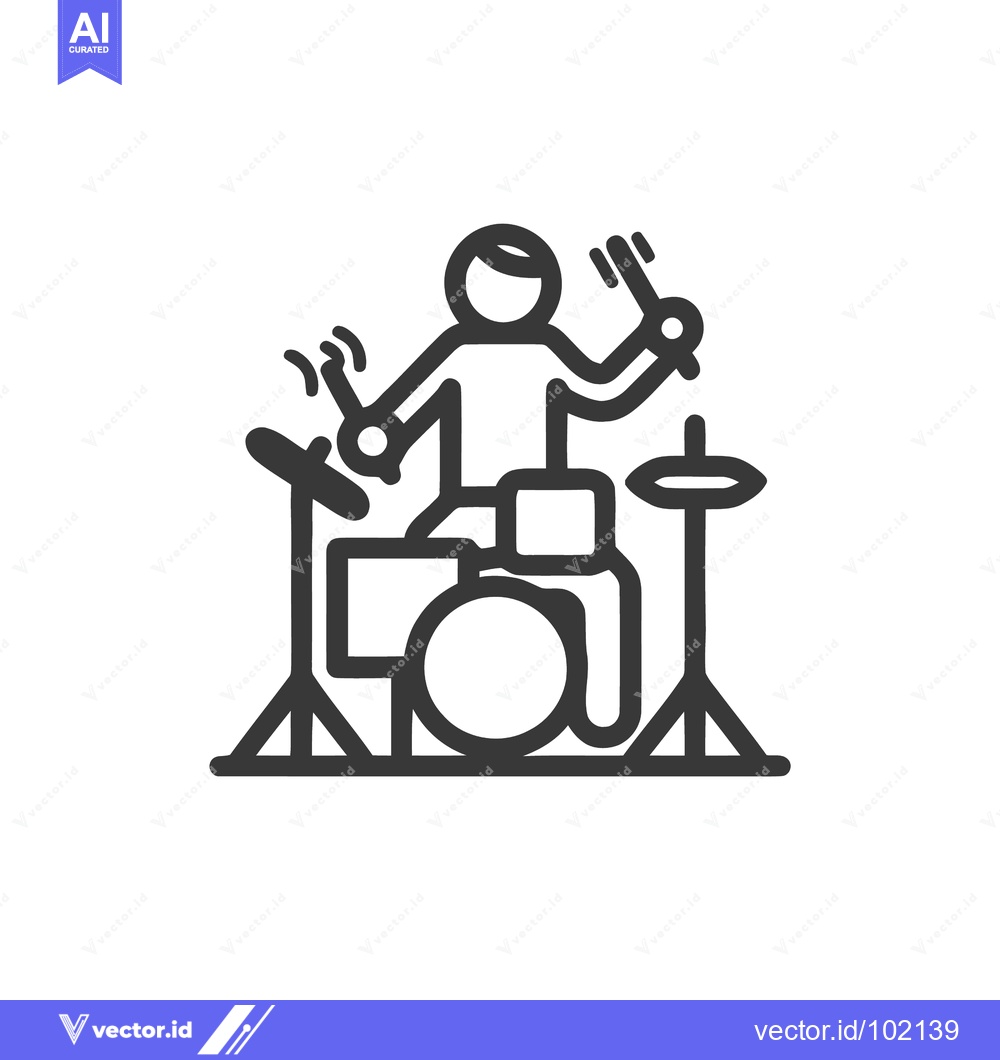 Premium Vector of Bold line art icon of an energetic drummer playing a drum kit, capture
