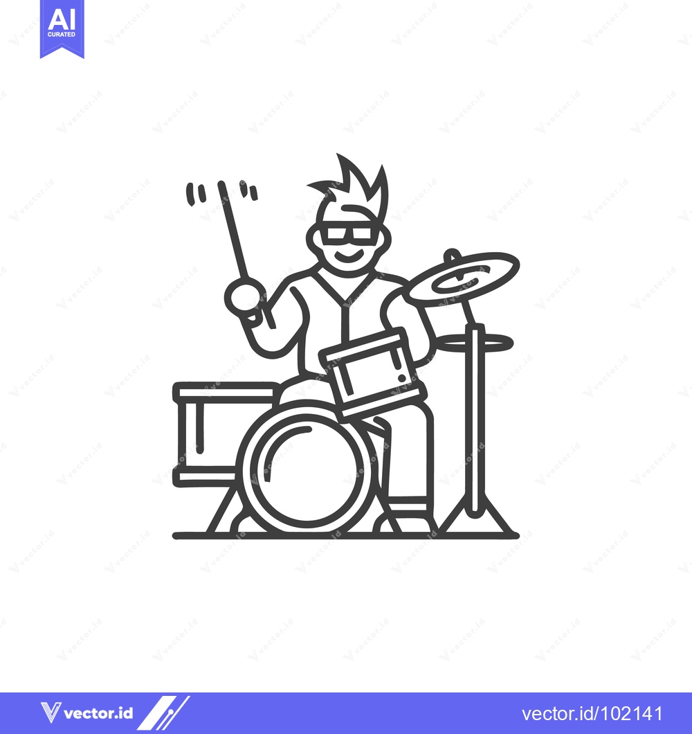 Premium Vector dari Energetic Punk Rock Drummer with Spiky Hair, Minimalist Line Art Icon