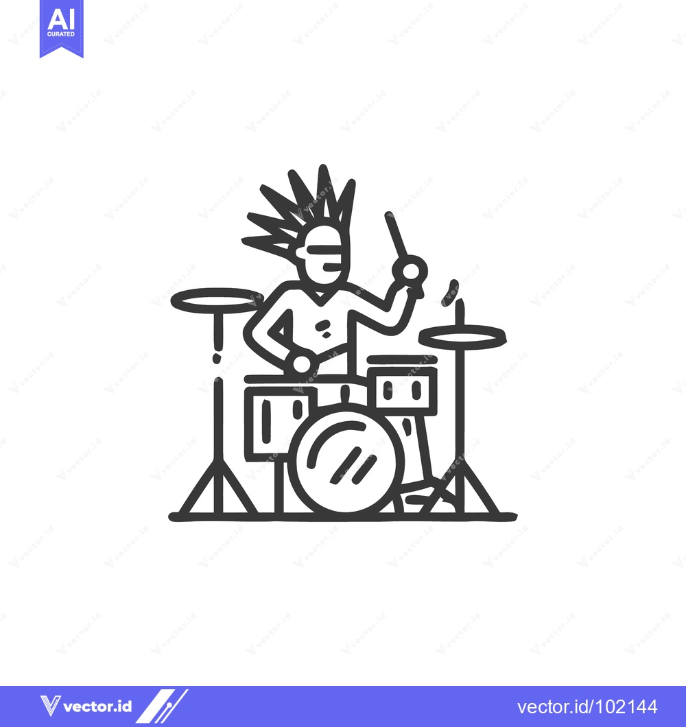 Premium Vector of Energetic Punk Rocker with Mohawk on Drums Line Art Icon