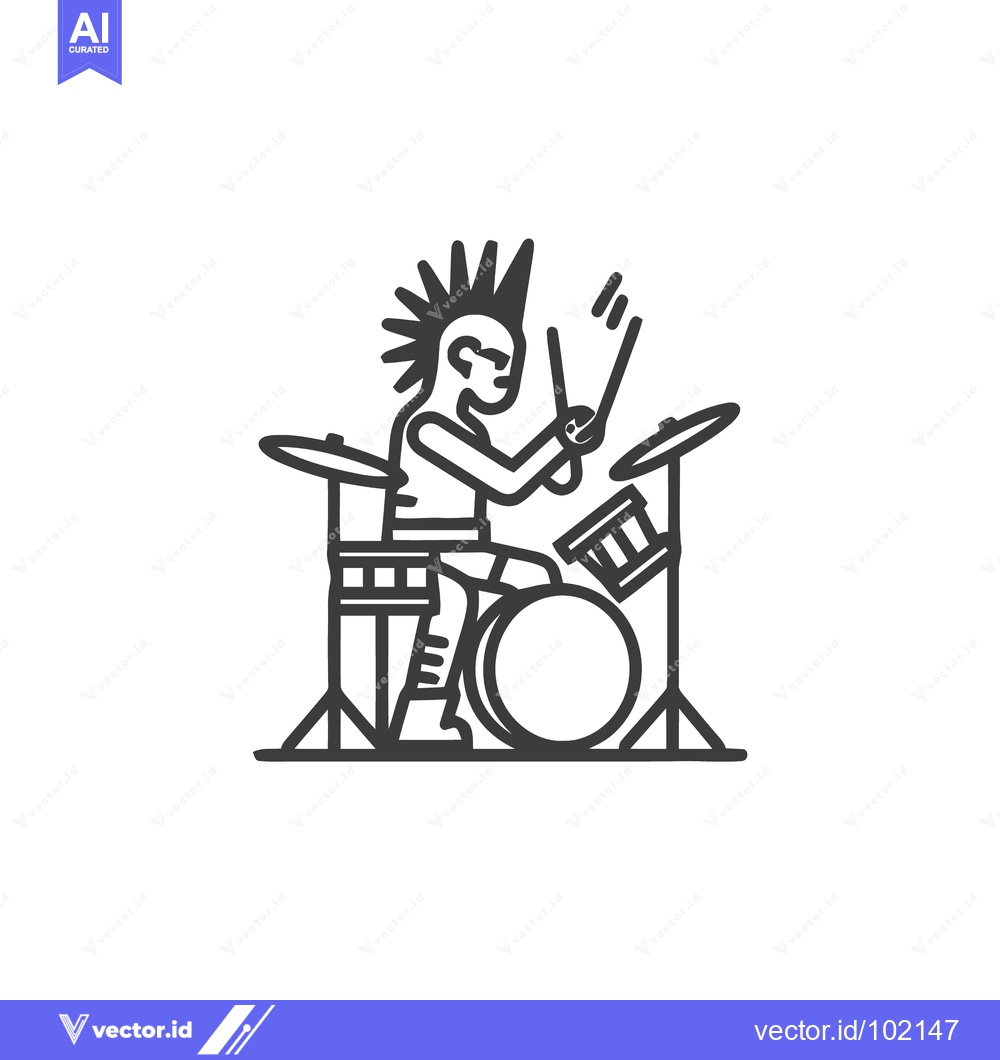 Premium Vector of Energetic Punk Rocker with a Mohawk Playing Drums, Bold Line Art Icon