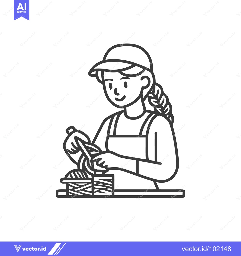 Premium Vector dari Focused Artisan Woman in Apron Weaving a Basket, Minimalist Outline Ic