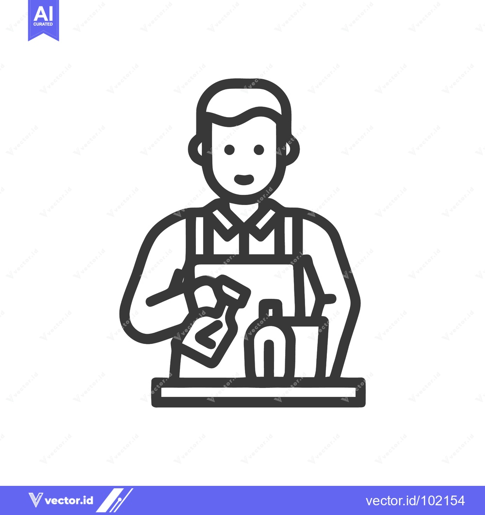 Premium Vector dari Friendly Service Worker with Apron and Cleaning Supplies Line Icon