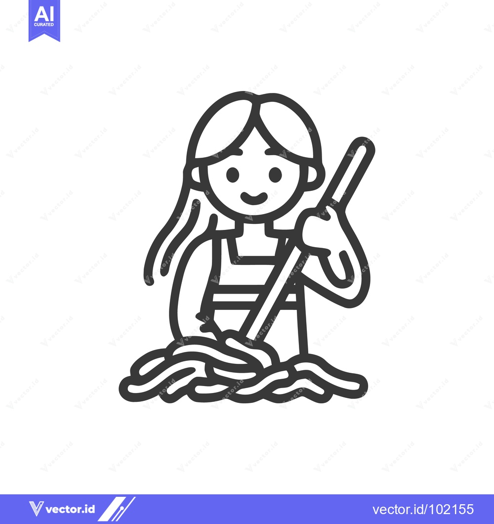 Premium Vector of Cheerful Woman with Long Hair Mopping a Sudsy Floor, Minimalist Line A