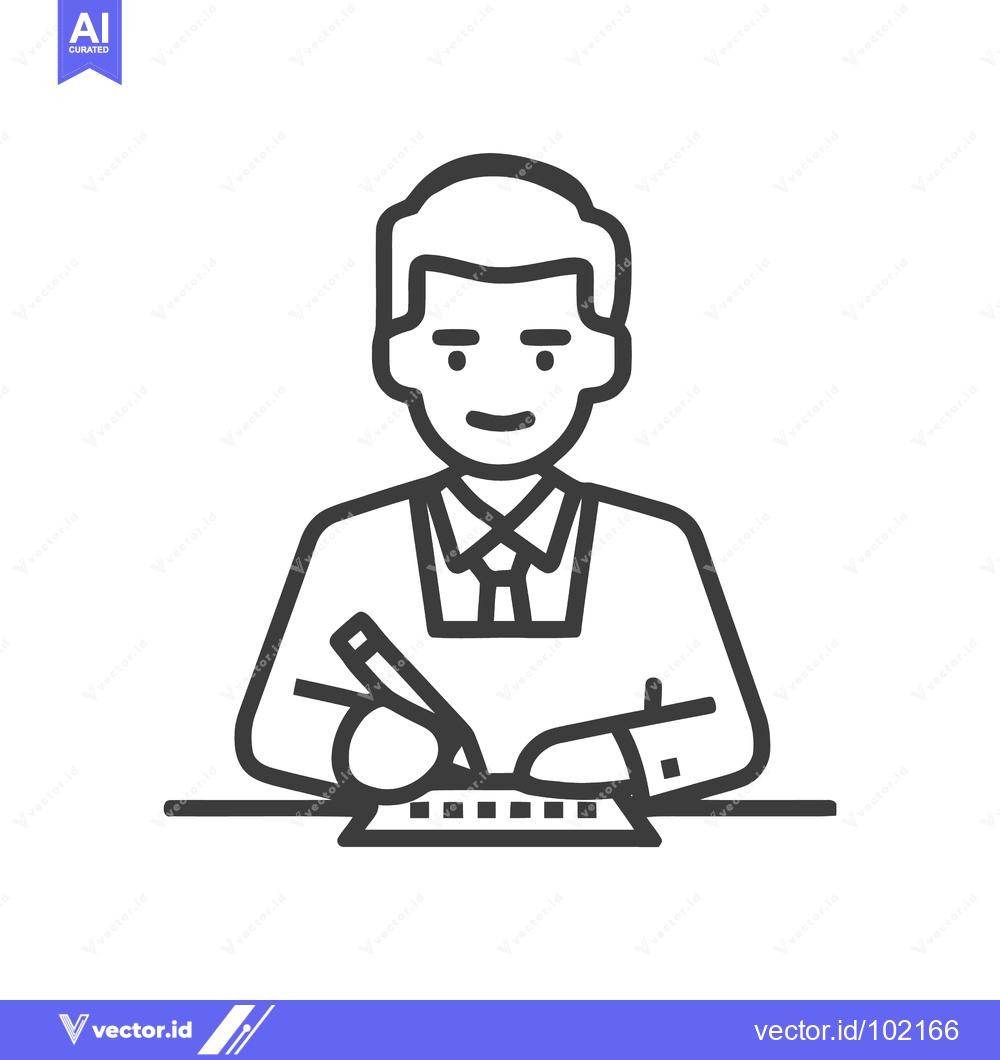 Premium Vector dari Professional man writing at a desk, minimalist line art icon for busin