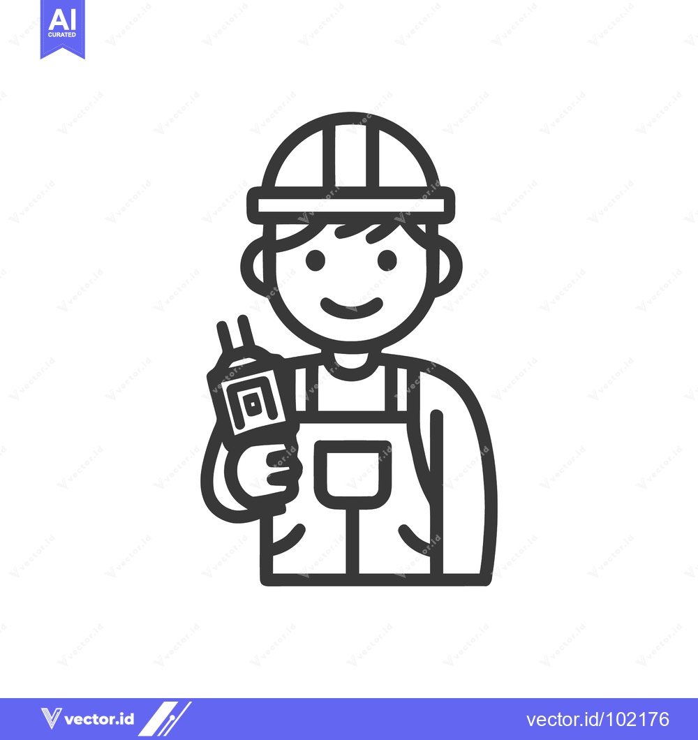 Premium Vector dari Friendly Construction Worker with Hard Hat and Walkie-Talkie Line Icon