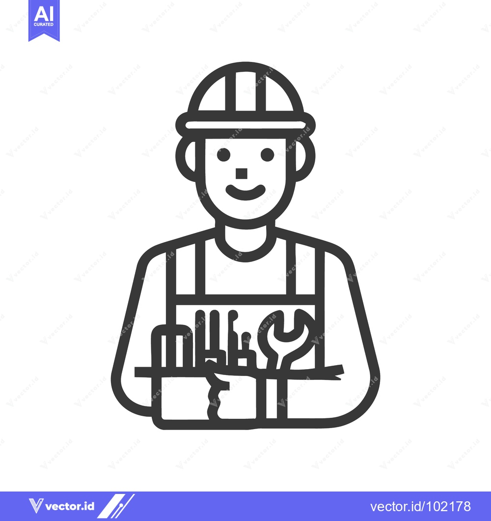 Premium Vector dari Friendly Technician with Hard Hat and Tool Pouch, Minimalist Line Icon