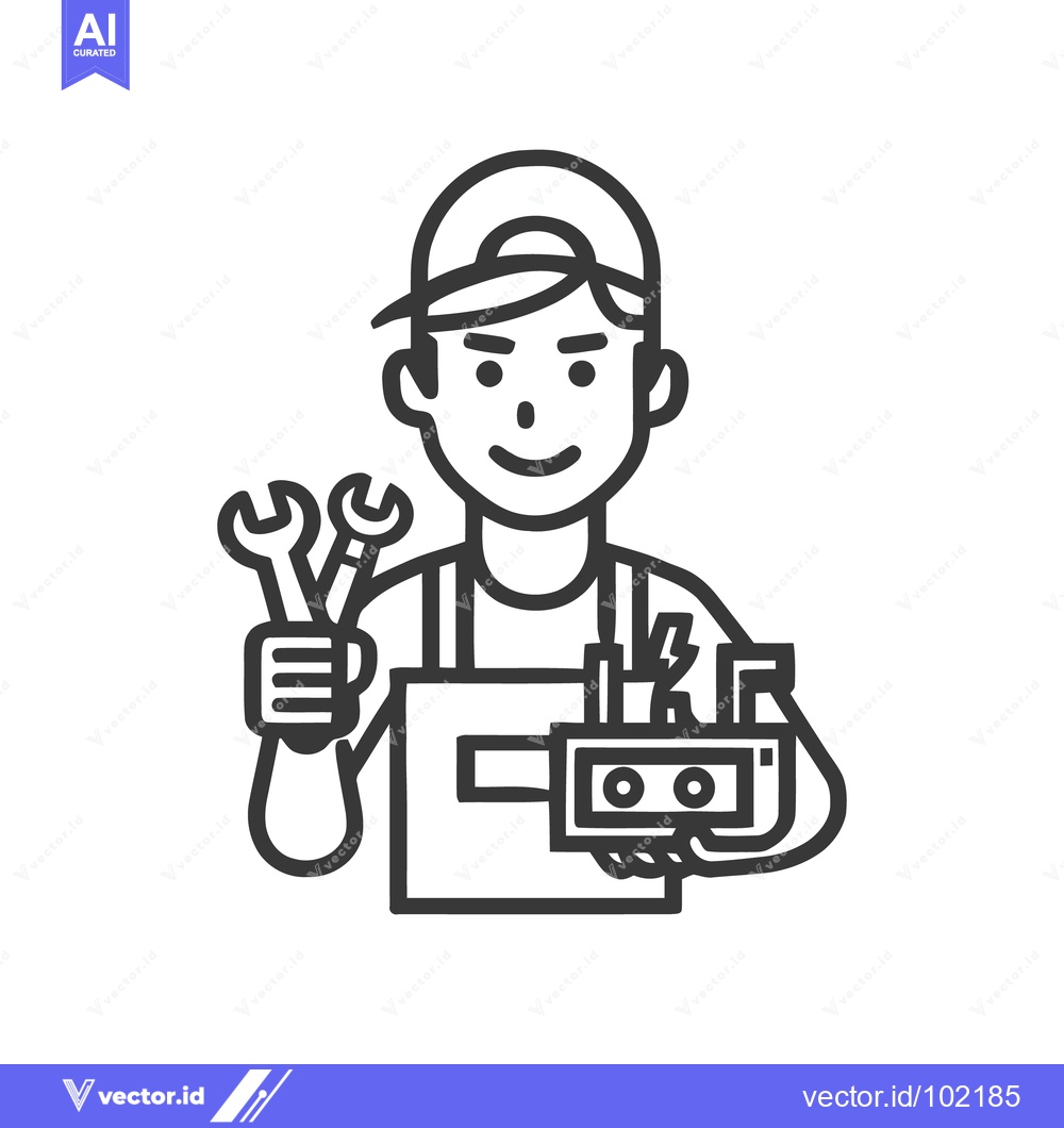 Premium Vector dari Modern Line Art Icon of a Friendly Mechanic with Wrenches and Toolbox